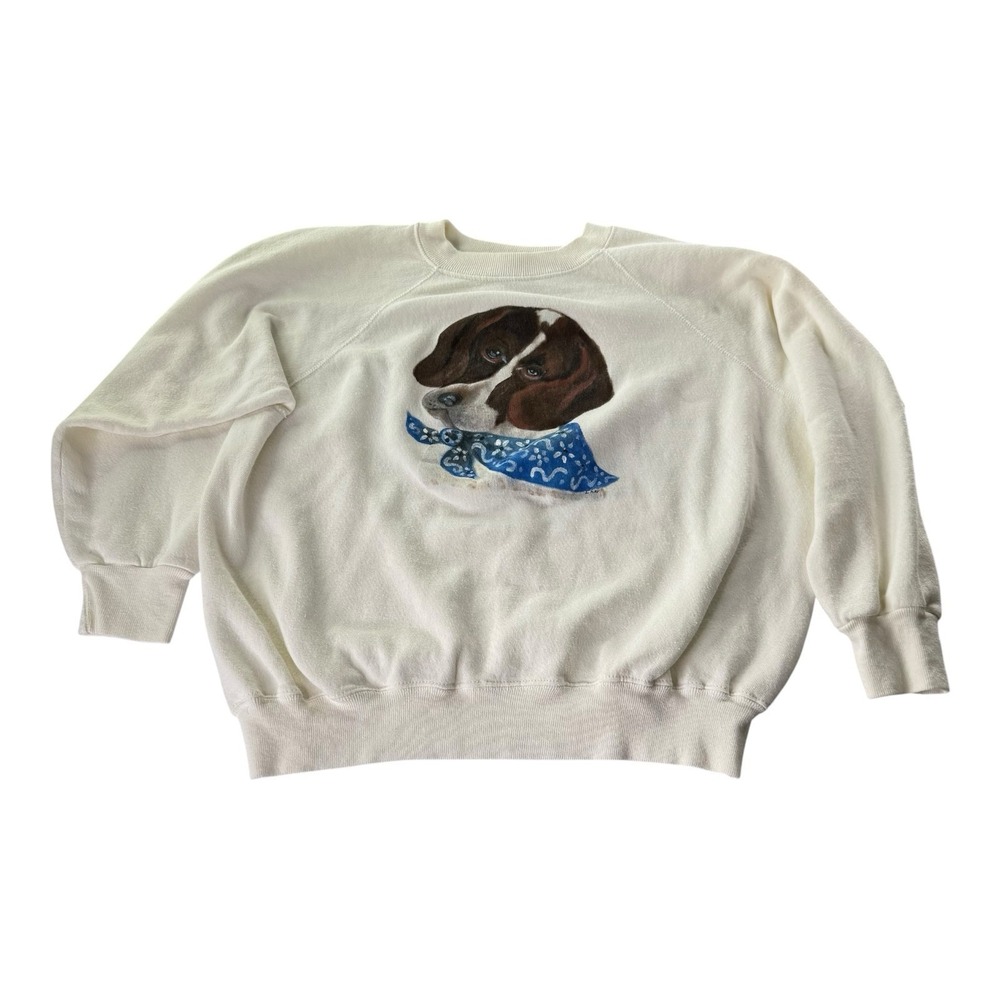 Hand Painted Dog Portrait Sweatshirt White Crewneck Raglan Sleeve Size Large